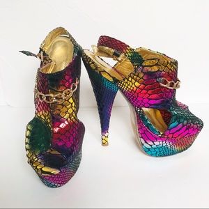 Rainbow Faux Snakeskin Platform Shoes Heels
